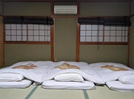 Futon on tatami mats at a Japanese hotel (ryokan)