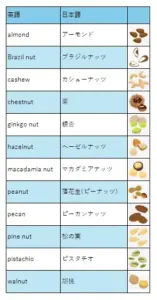 イラスト付き 英語と日本語のナッツ名 一覧表