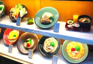 Food sample displays at an Udon restaurant in Japan