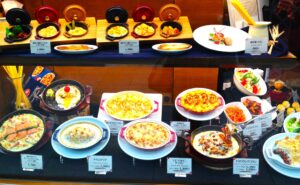 Food sample displays of Japanized Western dishes at a restaurant in Japan