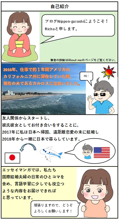 ブログ Nippon-gurashi自己紹介4コマ 日本語