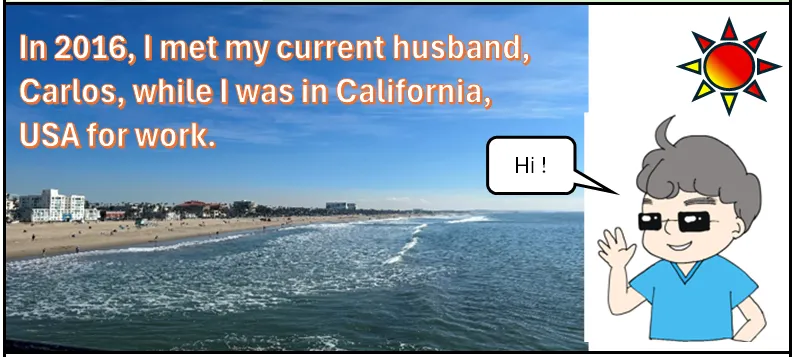 Nippon-gurashi 4-koma manga Self-introduction part2 with a photo of California beach